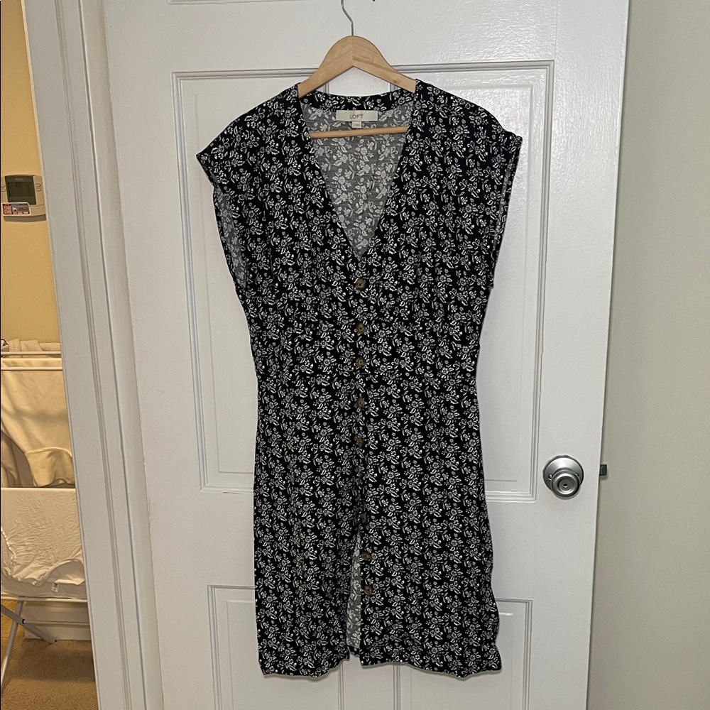 LOFT Black and White Floral Midi Dress